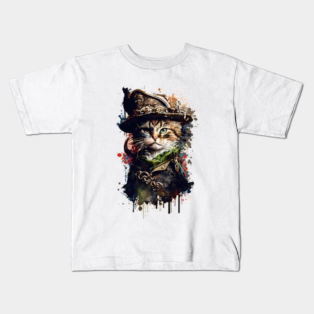 Pirate Cat Colorful Painting Kids T-Shirt by ArtisticCorner